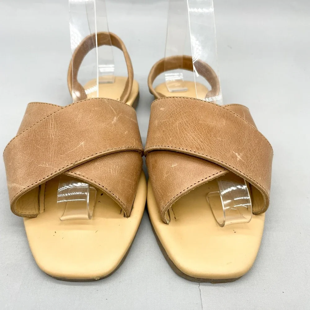 Nisolo Womens 7 All Day Cross Strap Sandals Shoes Tan Leather Slingback Flats